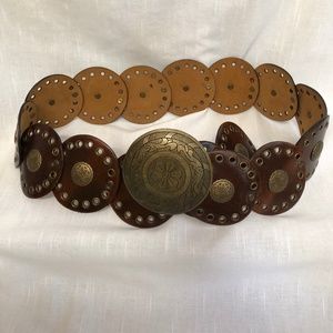 Bohemian Leather Belt with Decorative Round Brass Buckle